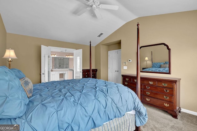 7325 Brookwood Way, Cumming, GA 30041 - bedroom featuring lofted ceiling, carpet flooring, ensuite bathroom, and a ceiling fan