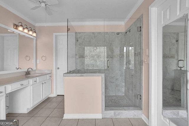7325 Brookwood Way, Cumming, GA 30041 - bathroom with a ceiling fan, vanity, crown molding, a stall shower, and tile patterned floors