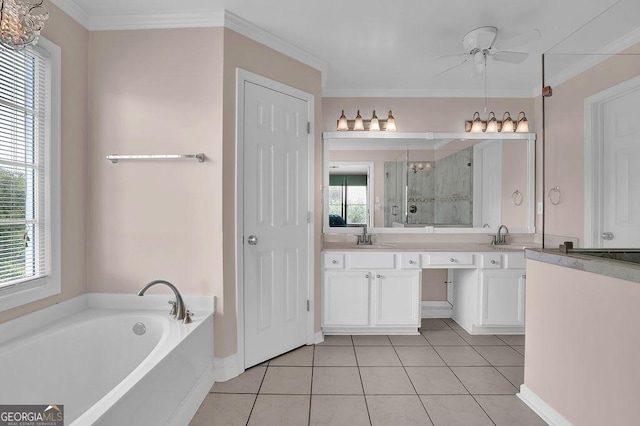 7325 Brookwood Way, Cumming, GA 30041 - bathroom featuring double vanity, a ceiling fan, a shower stall, a garden tub, and tile patterned flooring