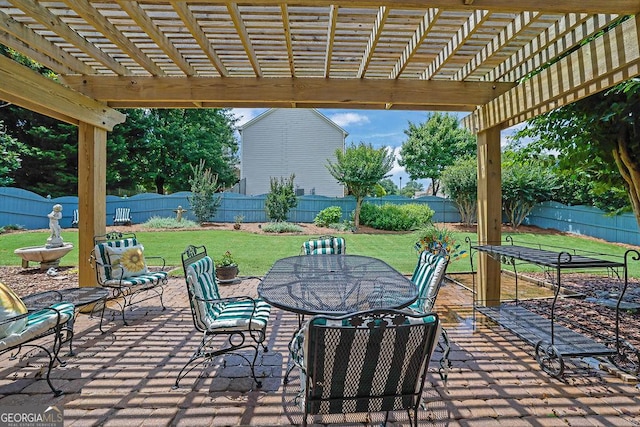 7325 Brookwood Way, Cumming, GA 30041 - fenced backyard with a pergola, a patio area, and outdoor dining space