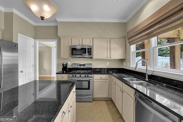 7325 Brookwood Way, Cumming, GA 30041 - kitchen featuring stainless steel appliances, ornamental molding, dark stone countertops, and light tile patterned floors