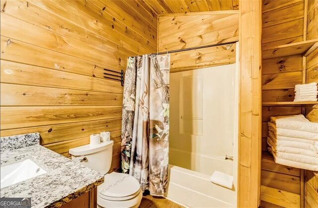9947 Doublehead Gap Rd, Blue Ridge, GA 30513 - bathroom featuring wooden walls, vanity, shower / bath combination with curtain, and wood ceiling