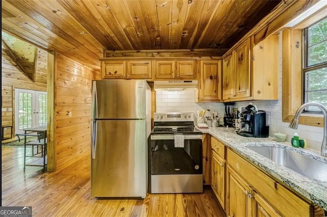 9947 Doublehead Gap Rd, Blue Ridge, GA 30513 - kitchen featuring appliances with stainless steel finishes, wood ceiling, under cabinet range hood, decorative backsplash, and light wood-style floors