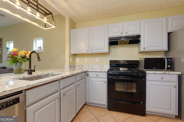 67 Granite Ct, Dallas, GA 30132 - kitchen with black appliances, range hood, white cabinetry, light tile patterned floors, and a textured ceiling