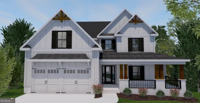35 Oak Rd, Locust Grove, GA 30248 - modern inspired farmhouse featuring board and batten siding, covered porch, driveway, a garage, and a standing seam roof