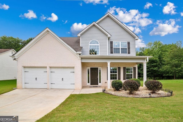 176 Windy Cir, Mcdonough, GA 30253 - traditional-style home featuring driveway, brick siding, a front lawn, an attached garage, and a porch