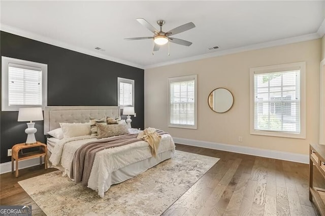 385 Rowes Cir, Alpharetta, GA 30009 - bedroom with multiple windows, ornamental molding, dark wood-style flooring, and ceiling fan