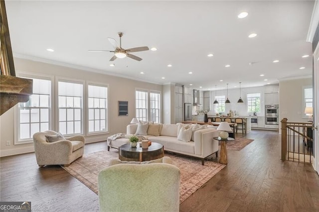 385 Rowes Cir, Alpharetta, GA 30009 - living area featuring ornamental molding, healthy amount of natural light, ceiling fan, dark wood finished floors, and recessed lighting
