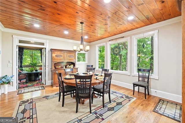 44 Sassafras Rdg, Big Canoe, GA 30143 - dining area with crown molding, wood ceiling, a chandelier, light wood-type flooring, and recessed lighting