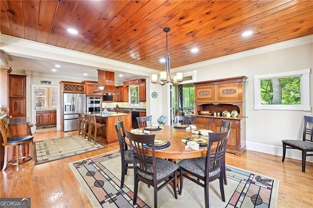 44 Sassafras Rdg, Big Canoe, GA 30143 - dining space featuring ornamental molding, a chandelier, light wood-type flooring, recessed lighting, and wooden ceiling