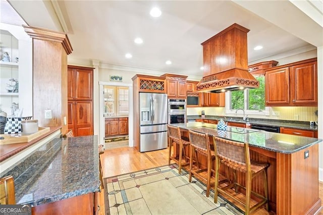 44 Sassafras Rdg, Big Canoe, GA 30143 - kitchen with stainless steel appliances, crown molding, a breakfast bar area, recessed lighting, and dark stone countertops
