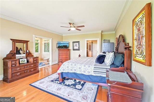 44 Sassafras Rdg, Big Canoe, GA 30143 - bedroom featuring crown molding, wood finished floors, ceiling fan, and ensuite bath