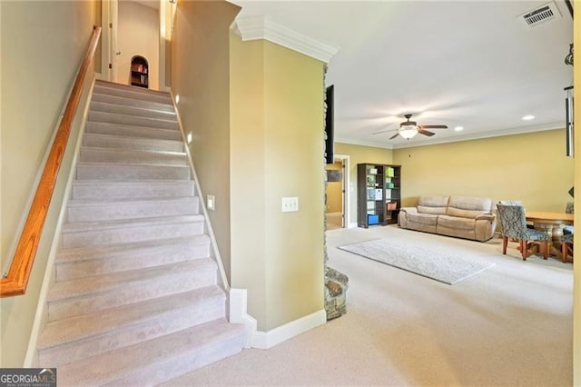 44 Sassafras Rdg, Big Canoe, GA 30143 - stairway with ornamental molding, ceiling fan, carpet floors, and recessed lighting
