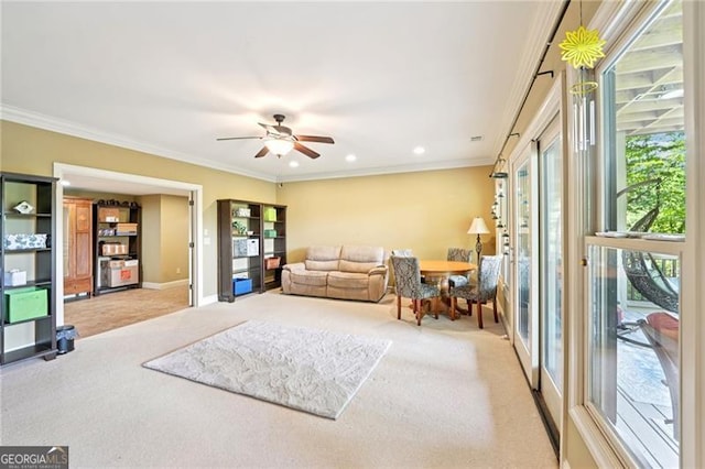 44 Sassafras Rdg, Big Canoe, GA 30143 - living room featuring carpet, a ceiling fan, ornamental molding, and recessed lighting