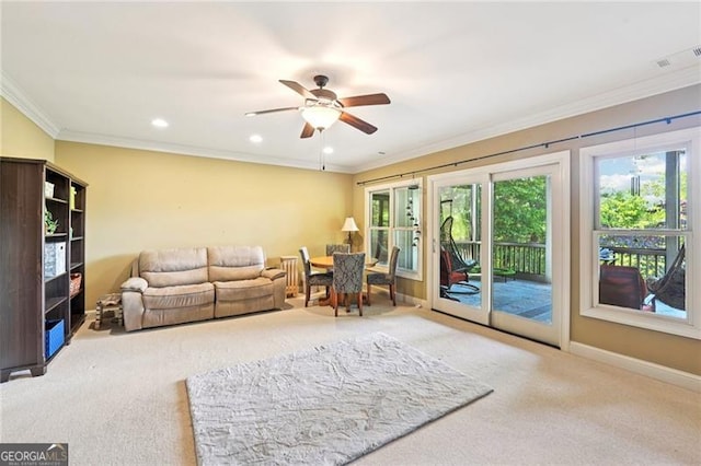 44 Sassafras Rdg, Big Canoe, GA 30143 - carpeted living area featuring crown molding, a ceiling fan, and recessed lighting