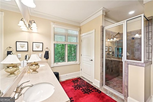 44 Sassafras Rdg, Big Canoe, GA 30143 - full bathroom featuring ornamental molding, a shower stall, double vanity, and recessed lighting