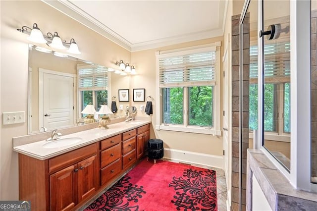 44 Sassafras Rdg, Big Canoe, GA 30143 - bathroom featuring plenty of natural light, double vanity, and ornamental molding