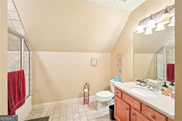 44 Sassafras Rdg, Big Canoe, GA 30143 - bathroom featuring vaulted ceiling, vanity, enclosed tub / shower combo, and tile patterned floors