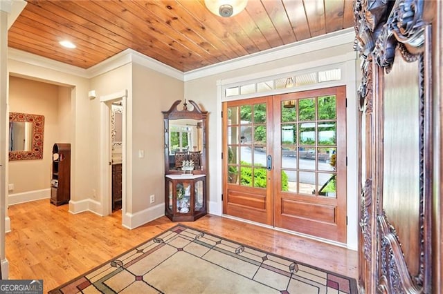 44 Sassafras Rdg, Big Canoe, GA 30143 - entryway with ornamental molding, french doors, light wood-style floors, wooden ceiling, and recessed lighting