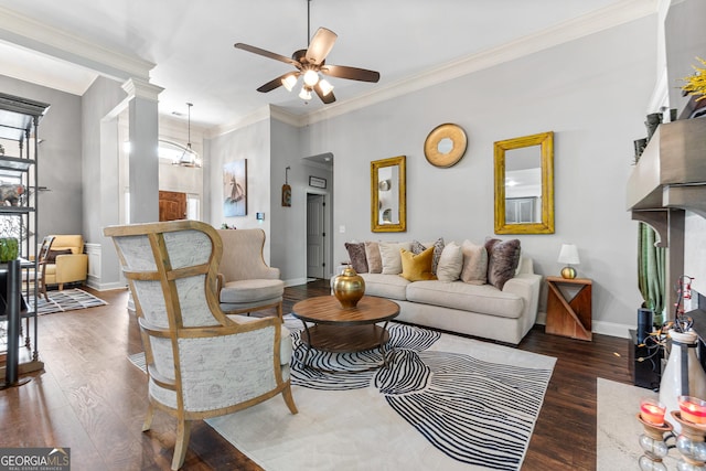 300 Bridgehampton Way, Perry, GA 31069 - living area with plenty of natural light, wood finished floors, ceiling fan, ornamental molding, and ornate columns