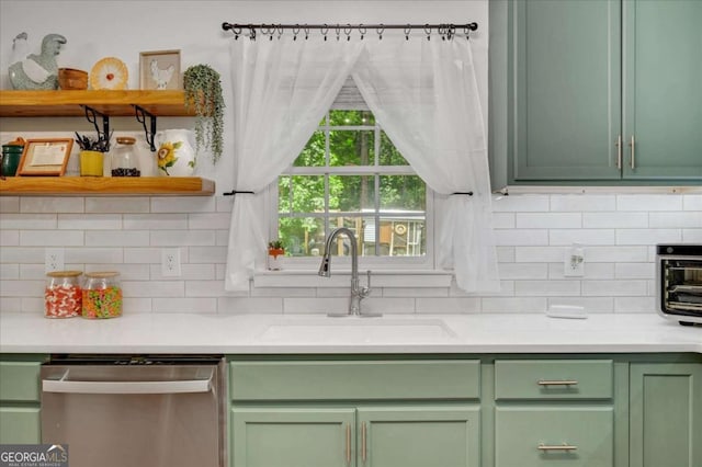 425 Shelby Ln, Hiram, GA 30141 - kitchen with green cabinets, dishwasher, backsplash, light countertops, and open shelves