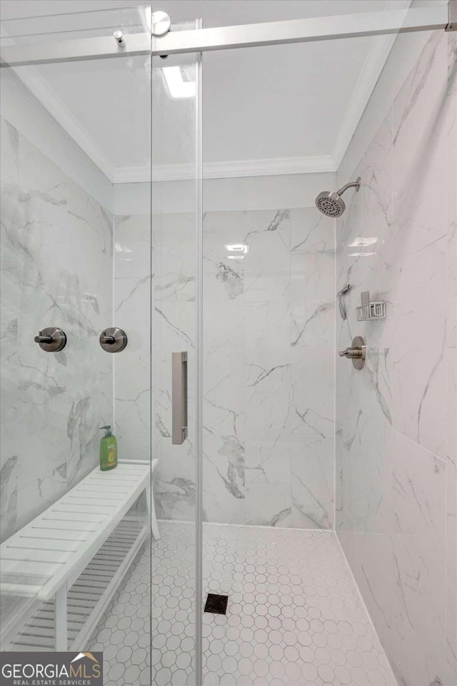 425 Shelby Ln, Hiram, GA 30141 - bathroom with crown molding and a marble finish shower
