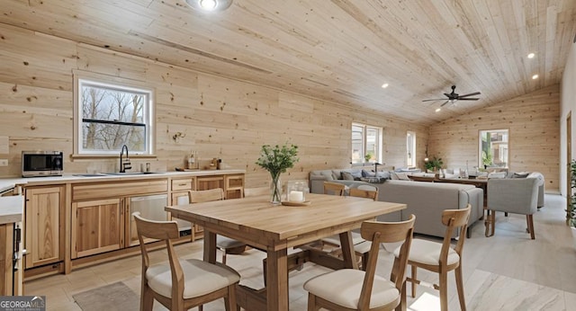 282 Armor Way, Ellijay, GA 30540 - dining area featuring vaulted ceiling, wooden ceiling, recessed lighting, wood walls, and a ceiling fan
