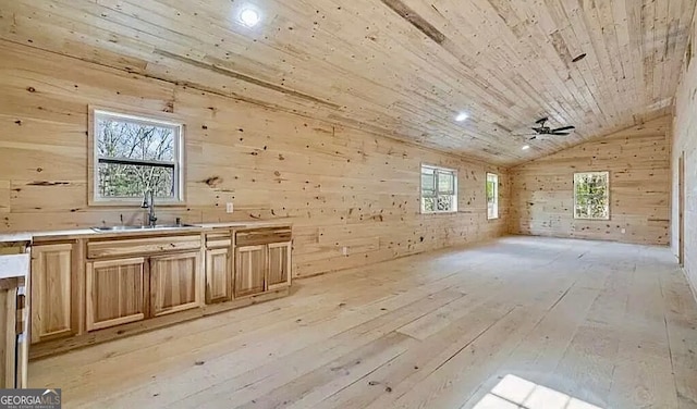 282 Armor Way, Ellijay, GA 30540 - kitchen featuring light wood finished floors, wooden walls, wooden ceiling, vaulted ceiling, and open floor plan