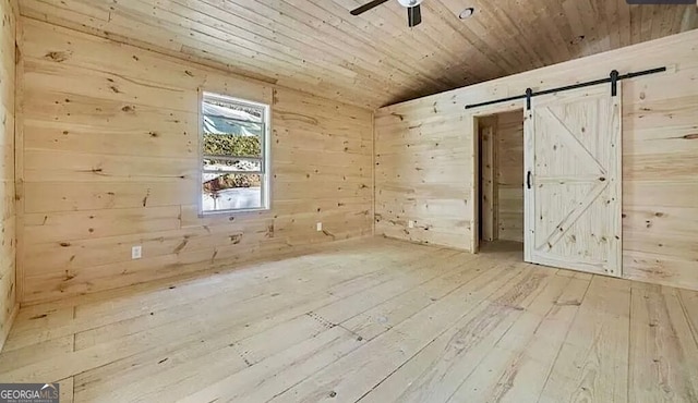 282 Armor Way, Ellijay, GA 30540 - spare room with wooden ceiling, hardwood / wood-style floors, a barn door, wood walls, and a ceiling fan