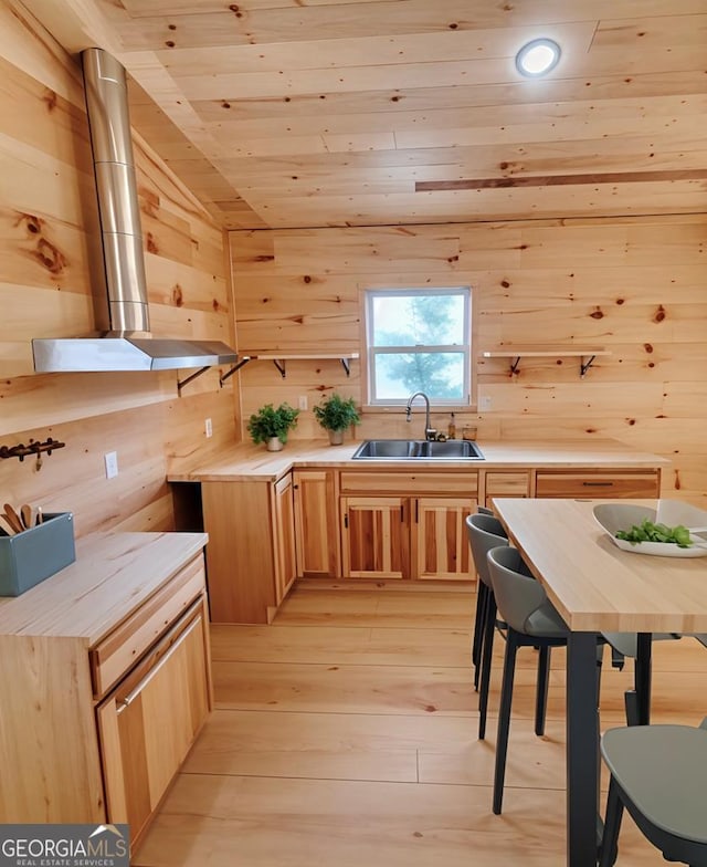 282 Armor Way, Ellijay, GA 30540 - kitchen with wood walls, light brown cabinetry, light wood-style flooring, light countertops, and wood ceiling