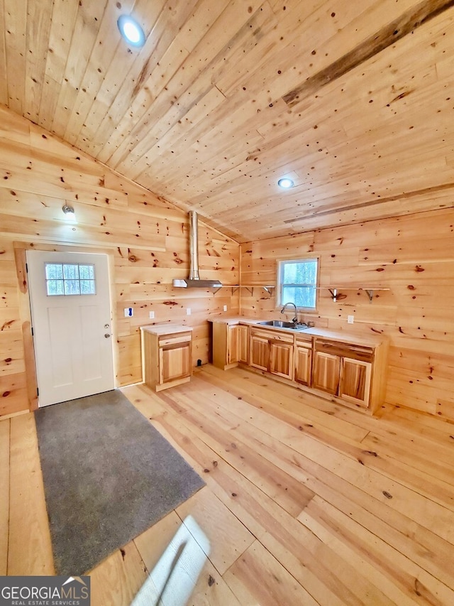 282 Armor Way, Ellijay, GA 30540 - kitchen featuring wood ceiling, light wood-style floors, vaulted ceiling, plenty of natural light, and wood walls