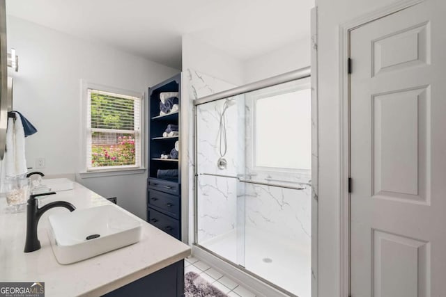 425 Starfire Ct, Suwanee, GA 30024 - full bath with a marble finish shower, double vanity, and tile patterned floors