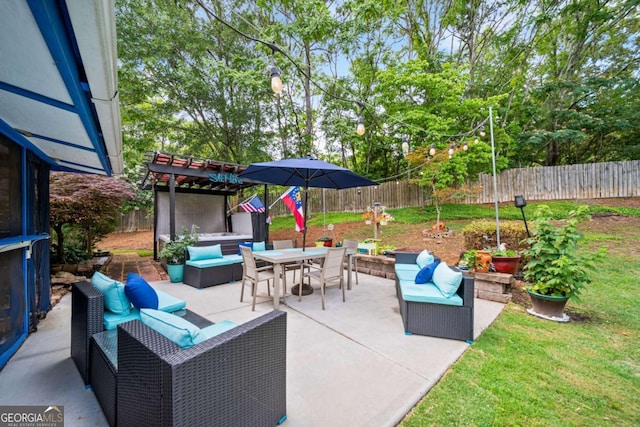 425 Starfire Ct, Suwanee, GA 30024 - fenced backyard with outdoor lounge area, a pergola, a patio, and outdoor dining area