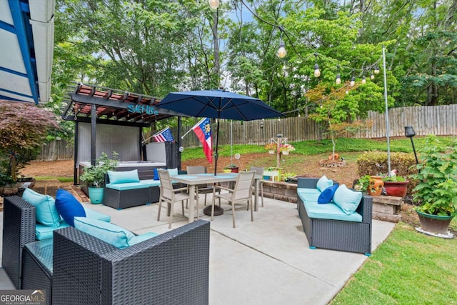 425 Starfire Ct, Suwanee, GA 30024 - fenced backyard featuring an outdoor living space, a pergola, outdoor dining space, a patio, and a jacuzzi
