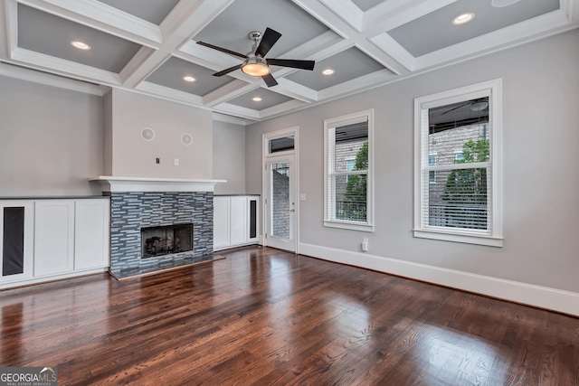 326 Brownstones Cir NE, Atlanta, GA 30312 - unfurnished living room featuring dark wood finished floors, coffered ceiling, a tiled fireplace, beam ceiling, and ceiling fan