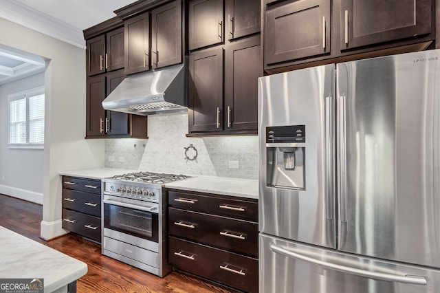 326 Brownstones Cir NE, Atlanta, GA 30312 - kitchen featuring stainless steel appliances, extractor fan, ornamental molding, decorative backsplash, and dark brown cabinets