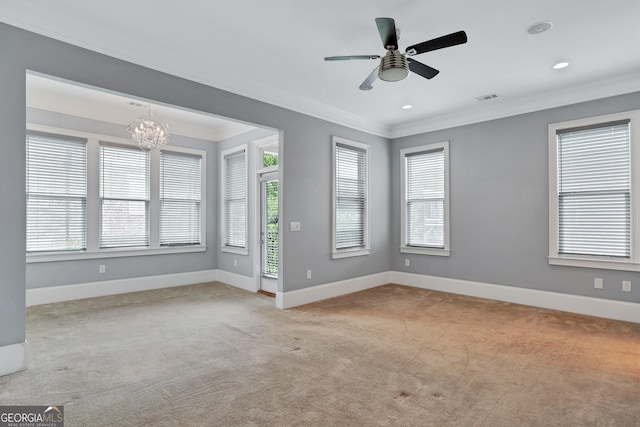 326 Brownstones Cir NE, Atlanta, GA 30312 - carpeted spare room with ornamental molding, plenty of natural light, ceiling fan, a chandelier, and recessed lighting