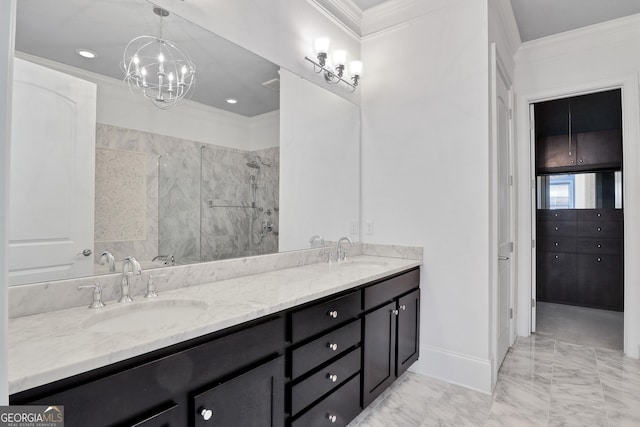 326 Brownstones Cir NE, Atlanta, GA 30312 - full bathroom with ornamental molding, double vanity, marble finish floors, a marble finish shower, and a chandelier
