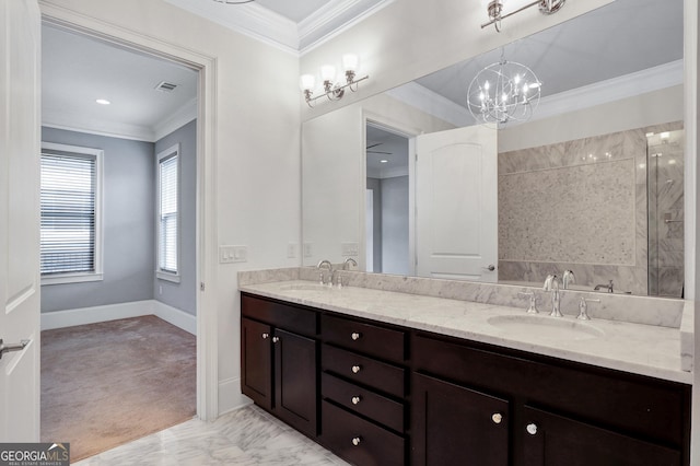 326 Brownstones Cir NE, Atlanta, GA 30312 - full bath featuring double vanity, ornamental molding, a tile shower, marble finish floors, and a chandelier