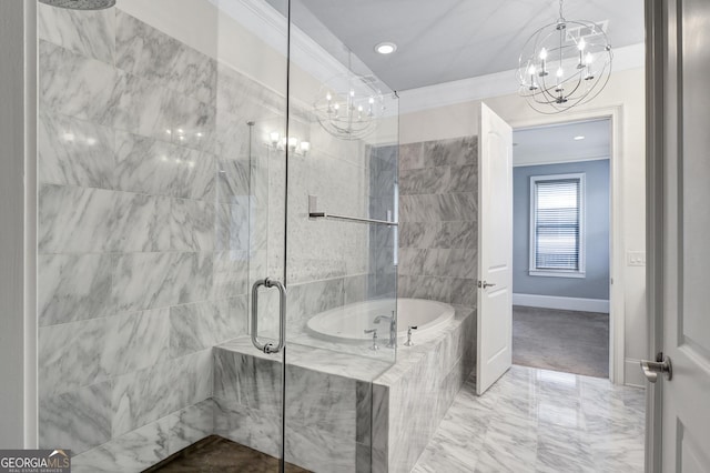 326 Brownstones Cir NE, Atlanta, GA 30312 - full bath featuring a chandelier, a stall shower, a garden tub, recessed lighting, and crown molding