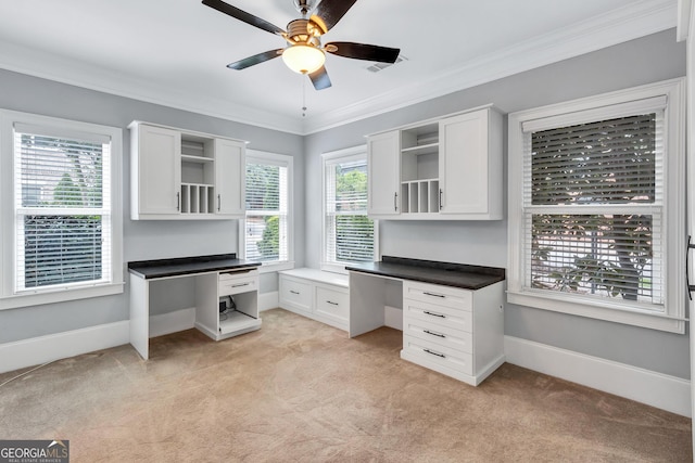 326 Brownstones Cir NE, Atlanta, GA 30312 - unfurnished office featuring built in desk, light colored carpet, a ceiling fan, and ornamental molding