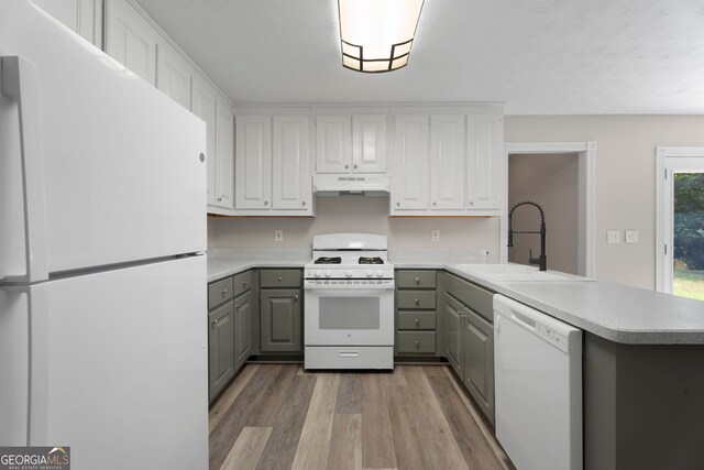 312 Cattlemans Cir, Mcdonough, GA 30252 - kitchen with white appliances, gray cabinets, light wood-style floors, a peninsula, and light countertops
