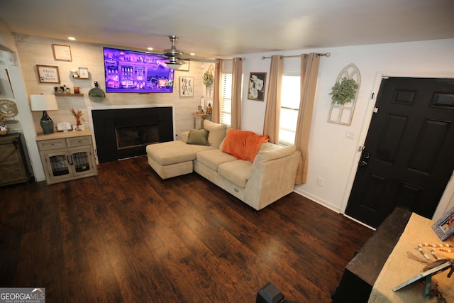 3227 Due W Rd, Dallas, GA 30157 - living room with dark wood-style flooring, a fireplace, and recessed lighting