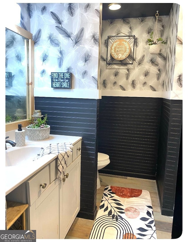 3227 Due W Rd, Dallas, GA 30157 - bathroom featuring wallpapered walls, vanity, wainscoting, and wood finished floors