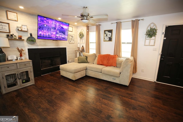 3227 Due W Rd, Dallas, GA 30157 - living area featuring dark wood-style flooring, recessed lighting, a fireplace, and a ceiling fan