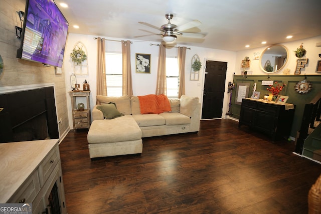 3227 Due W Rd, Dallas, GA 30157 - living room with recessed lighting, ceiling fan, and dark wood-style flooring
