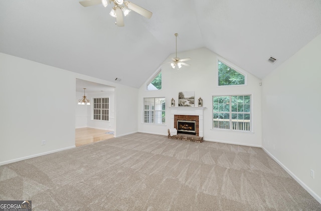 110 Chardonnay Oaks Dr, Mcdonough, GA 30252 - unfurnished living room with ceiling fan, carpet, high vaulted ceiling, and a fireplace