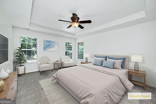 110 Chardonnay Oaks Dr, Mcdonough, GA 30252 - bedroom with a raised ceiling, multiple windows, ornamental molding, carpet floors, and ceiling fan