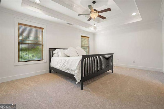 3202 Saute Way, Avondale Estates, GA 30002 - bedroom with a raised ceiling, multiple windows, ornamental molding, carpet flooring, and recessed lighting