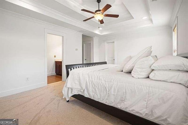 3202 Saute Way, Avondale Estates, GA 30002 - carpeted bedroom with a tray ceiling, crown molding, connected bathroom, recessed lighting, and ceiling fan